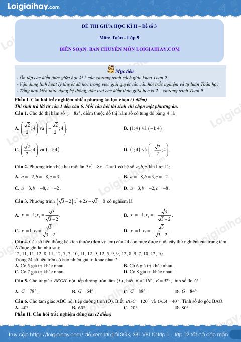 Đề thi giữa kì 2 Toán 9 - Đề số 3